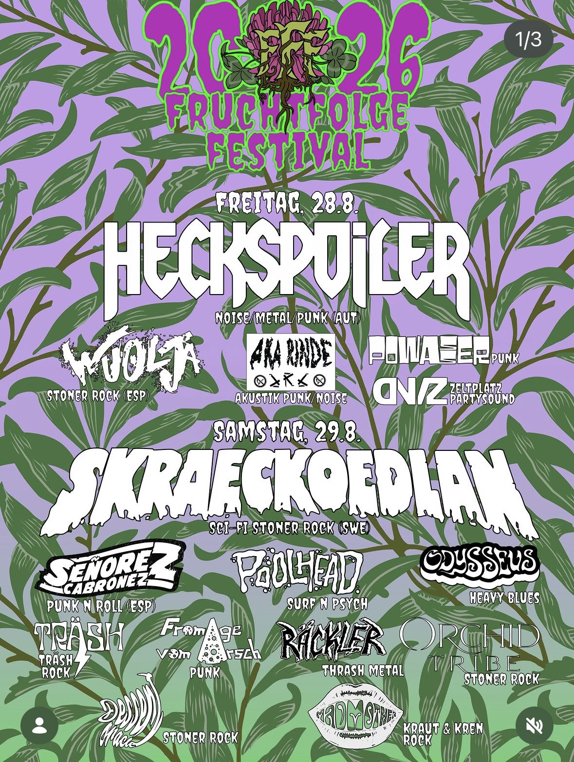 Cartel del Fruchtfolgefestival 2026, en Lindach (Fürstenfeldbruck, Alemania), con Wuolja el viernes 28 de agosto junto a Heckspoiler, AKaRinde, Powasser y DNVZ